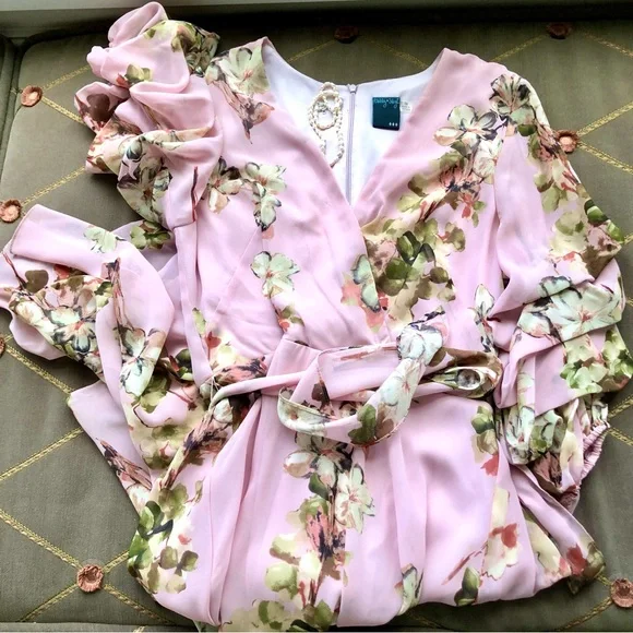 Gabby Skye Midi Dress in Pink Floral with Sharkbite Hem & Ruffled Sleeves (16) - Picture 5 of 8